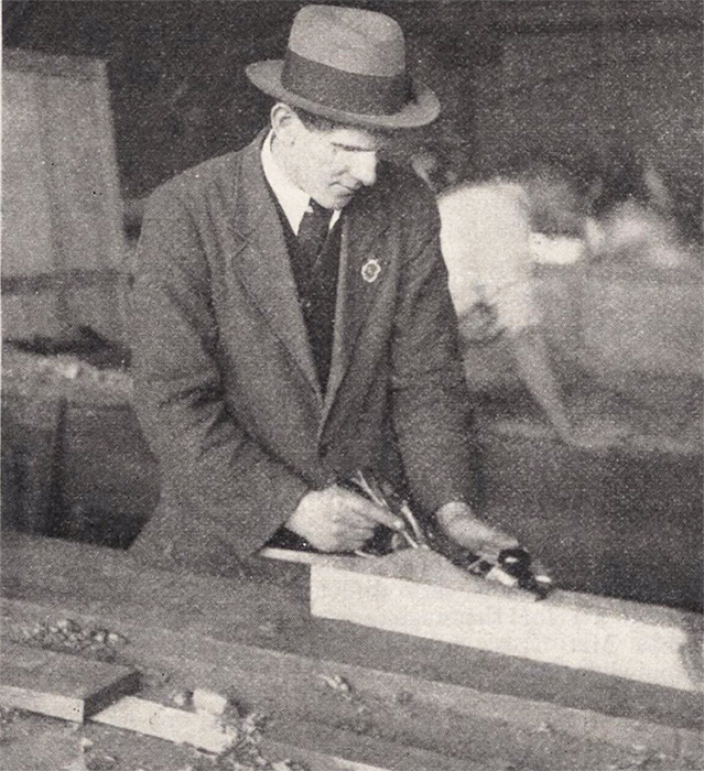 Blind veteran Harold Flatt training in joinery, August 1919. 'Repatriation' Vol. 1, No. 7, 1919.