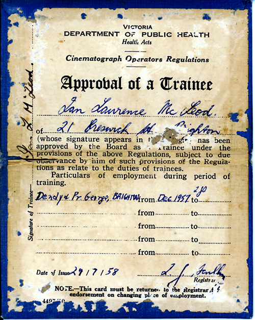 Trainee cinematograph operator card belonging to Ian McLeod, issued 1958